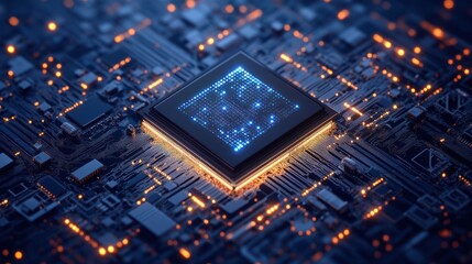 Obraz premium Circuit board with central processor, glowing circuitry, technological innovation