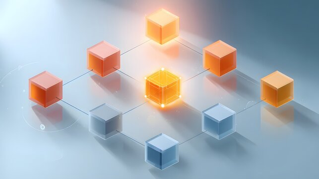 Interconnected glowing translucent digital blocks form a distributed network structure