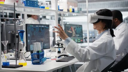 Laboratory scientist using virtual reality tech to process DNA patient data for clinical research. Research facility expert uses VR headset gear to do lab genetic analysis diagnostics, camera B - Powered by Adobe