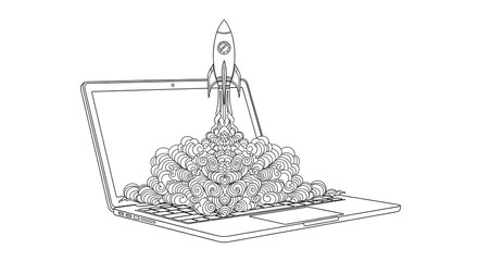 Fototapeta premium Dynamic launch from laptop, showcasing innovation, technology, startup success, and digital transformation concept