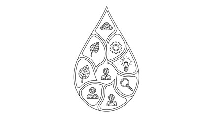 Water drop shapes combine business, environment, and innovation icons for eco-friendly company branding or sustainability