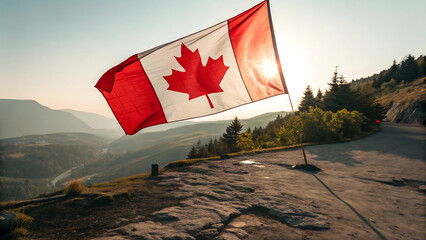 Canadian flag waving in the wind on a sunny day in canada
