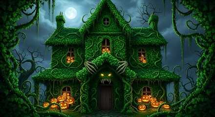 Obraz premium Enchanted Halloween Haunted Mansion Covered in Creeping Vines and Ivy with Glowing Jack-o'-Lanterns Under Full Moon at Night