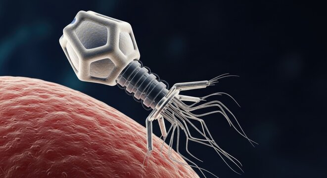 Bacteriophage virus attacking a human cell, microscopic view