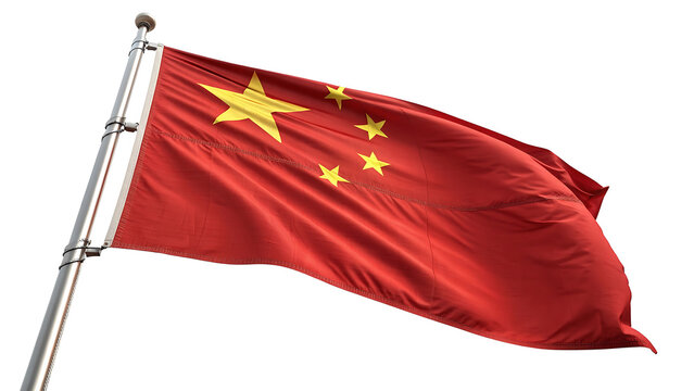 Chinese flag waving in the wind against clear white background