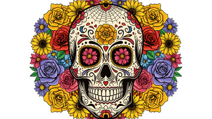 Vibrant Sugar Skull with Colorful Flowers. Día de Muertos Calavera Art.
