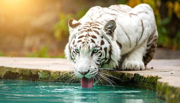 A white tiger, with striking blue eyes, drinks from a pool of clear water. Sunlight illuminates its features