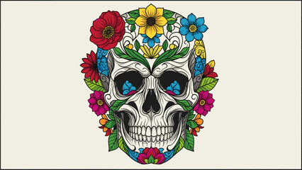 Vibrant Floral Sugar Skull Illustration. Intricate Day of the Dead Calavera Design with Colorful Flowers and Botanical Elements.