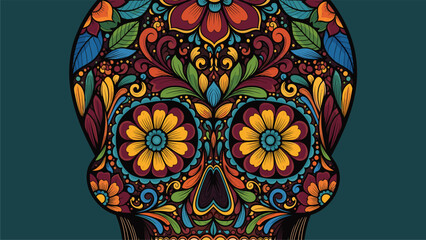 Vibrant Floral Sugar Skull Illustration. Intricate Folk Art Design with Colorful Mandala Patterns on Dark Background.