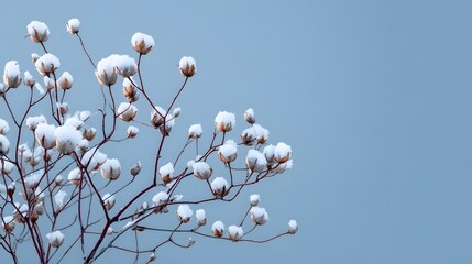 Delicate plant bolls lightly dusted with snow stand against a pale blue winter sky