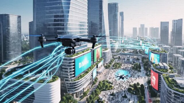 Futuristic cityscape with drone, digital interfaces, elevated trains, and bustling pedestrian areas - Powered by Adobe
