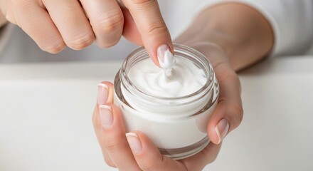 Delicate Touch: A close-up shot of a hand gently scooping cream from a glass jar, the light revealing the texture and luxuriousness of the product. 