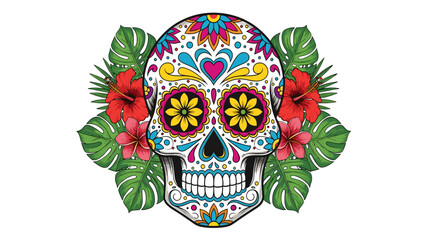 Obraz premium Vibrant Sugar Skull with Tropical Flowers & Leaves. Day of the Dead Calavera Vector Illustration