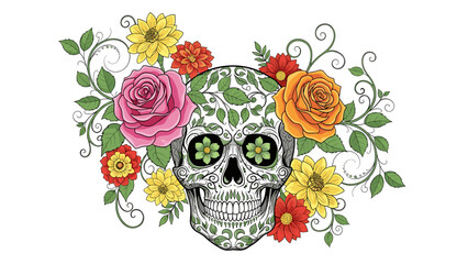 Vibrant Sugar Skull with Flowers and Vines. Day of the Dead Calavera Illustration.