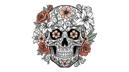 Elegant Floral Sugar Skull Design with Ornate Details and Blooming Flowers