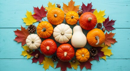 Fototapeta premium Autumnal Abundance: A vibrant assortment of pumpkins and fallen leaves, symbolizing the beauty and bounty of the harvest season. A seasonal arrangement set against a teal wooden backdrop.