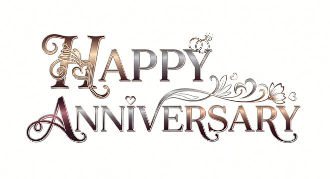 Happy Anniversary Celebration: A decorative art piece featuring the words Happy Anniversary in elegant, ornate script, signifying love, commitment, and celebration.