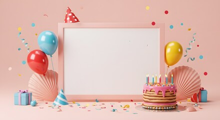 Birthday Celebration Background with Cake, Balloons, Gifts, and Blank Frame