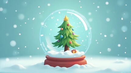 A whimsical snow globe showcasing a decorated Christmas tree with falling snowflakes, a festive scene.