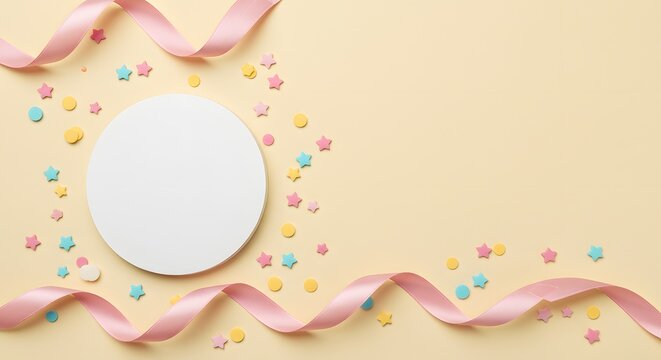 Celebration Background with Pink Ribbon, Confetti Stars and Circles, and Blank Space