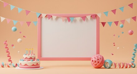 Festive Birthday Celebration with Cake, Bunting, and Copy Space