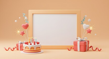 Festive Birthday Celebration with Cake, Gifts, Balloons, and Blank Frame