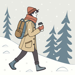 Illustration of a person walking in the snow with trees