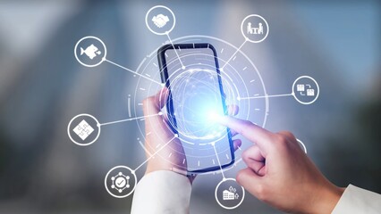 Business concept icons showing mergers and acquisitions, partnership, investment, and growth....