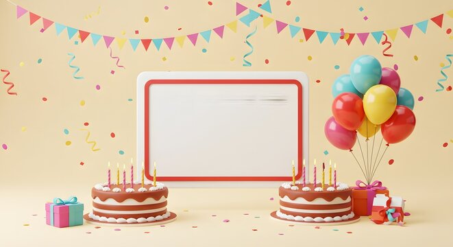 Happy Birthday Celebration with Cakes, Balloons, Gifts, and Confetti