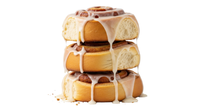 Stack of three iced cinnamon rolls isolated PNG with Transparent Background