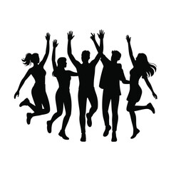 Diverse group of friends jumping with arms raised in celebration silhouette people