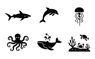 Fototapeta premium Diverse marine life silhouettes underwater scene elements shark dolphin