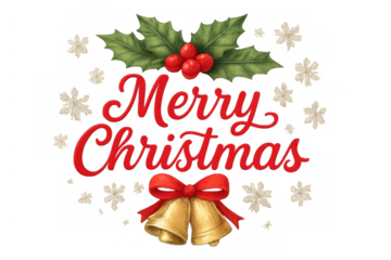 Merry christmas lettering with holly, red berries, golden jingle bells, and snowflakes, transparent background