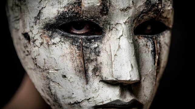 Heavily textured white facade conceals the intense gaze of the wearer against a dark background