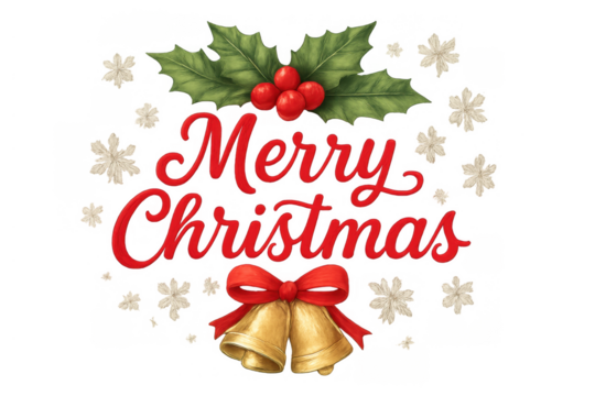 Merry christmas lettering with holly, red berries, golden jingle bells, and snowflakes, transparent background