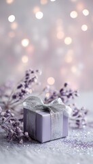 Elegant lavender gift box with silver ribbon bow on pastel sparkling background, surrounded by lilac flowers and festive soft bokeh lights, copy space. header for Christmas, New Year, birthday, ads.