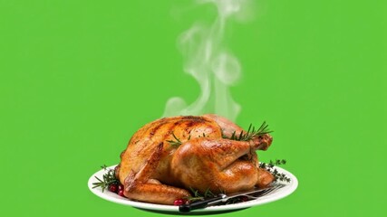 roasted turkey for thanksgiving theme video on a green screen suitable for chroma key use