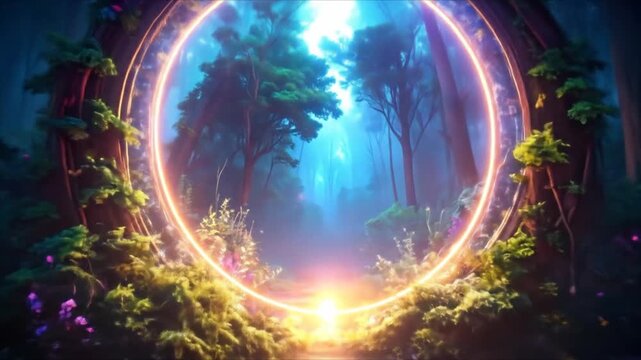 Luminous portal in a dark forest, vibrant flowers in foreground, trees beyond the gateway