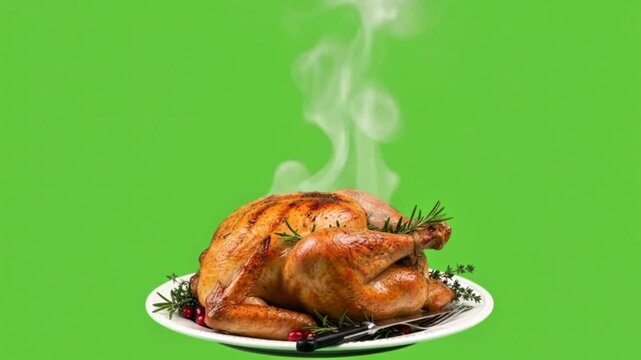 Whole roasted turkey with rosemary on a white plate with rising steam isolated on a bright green screen background suitable for chroma key use
