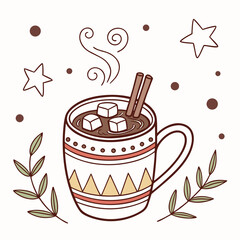 Hot chocolate mug with cinnamon sticks and sugar cubes