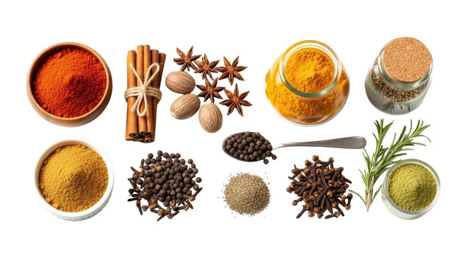 Assortment of aromatic spices and herbs for cooking isolated PNG with Transparent Background