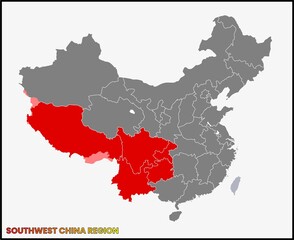 Map highlighting the Southwest China region in red on the country's outline.