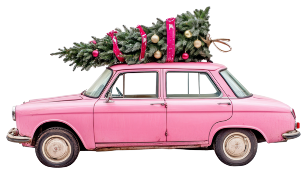 PNG Pink christmas car with christmas tree vehicle transportation automobile.
