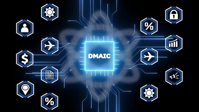 Digital Network Displaying DMAIC Methodology with Business Icons Keywords: DMAIC, business, process improvement, quality control, Six Sigma, technology, digital, network, connection