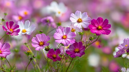 Vibrant blossoms display a beautiful array of pink, magenta, and white petals with yellow centers in a natural setting.
