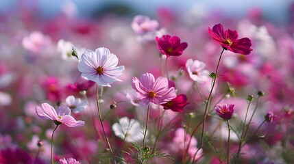 Obraz premium Field of delicate flowering plants displays vibrant shades of pink and white under bright daylight.