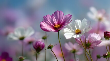 Vibrant magenta and white blossoms stand tall against a softly blurred background of a summer meadow