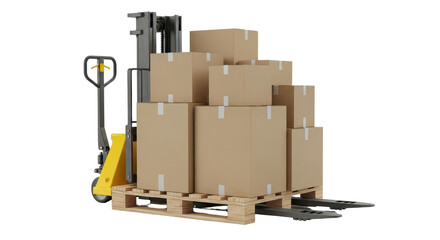 Forklift truck carrying stack of cardboard boxes on pallet isolated PNG with Transparent Background