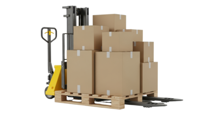 Forklift truck carrying stack of cardboard boxes on pallet isolated PNG with Transparent Background