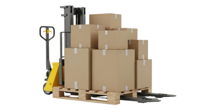 Forklift truck carrying stack of cardboard boxes on pallet isolated PNG with Transparent Background